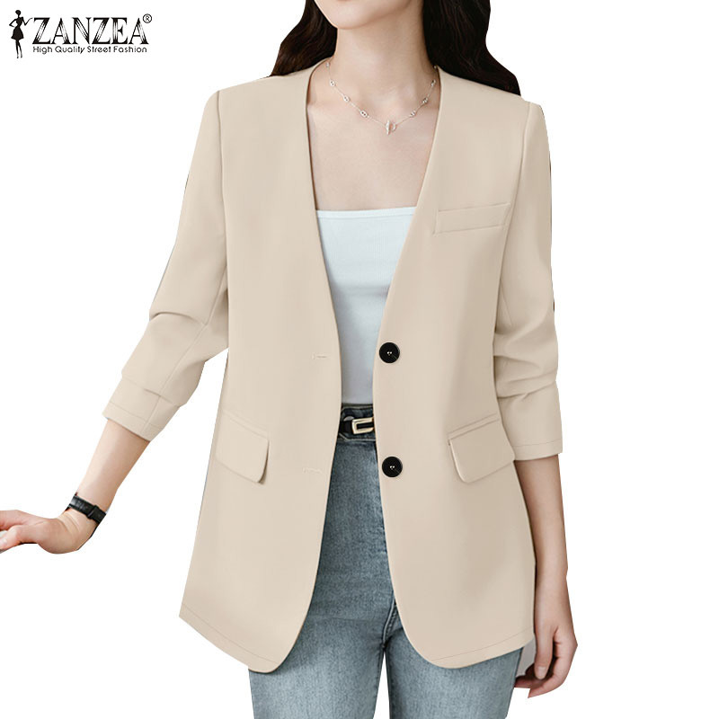 Zanzea ผู้หญิงเกาหลีสีทึบปุ่ม Turn-Down-Collar ตกแต่งกระเป๋า Flap Blazer