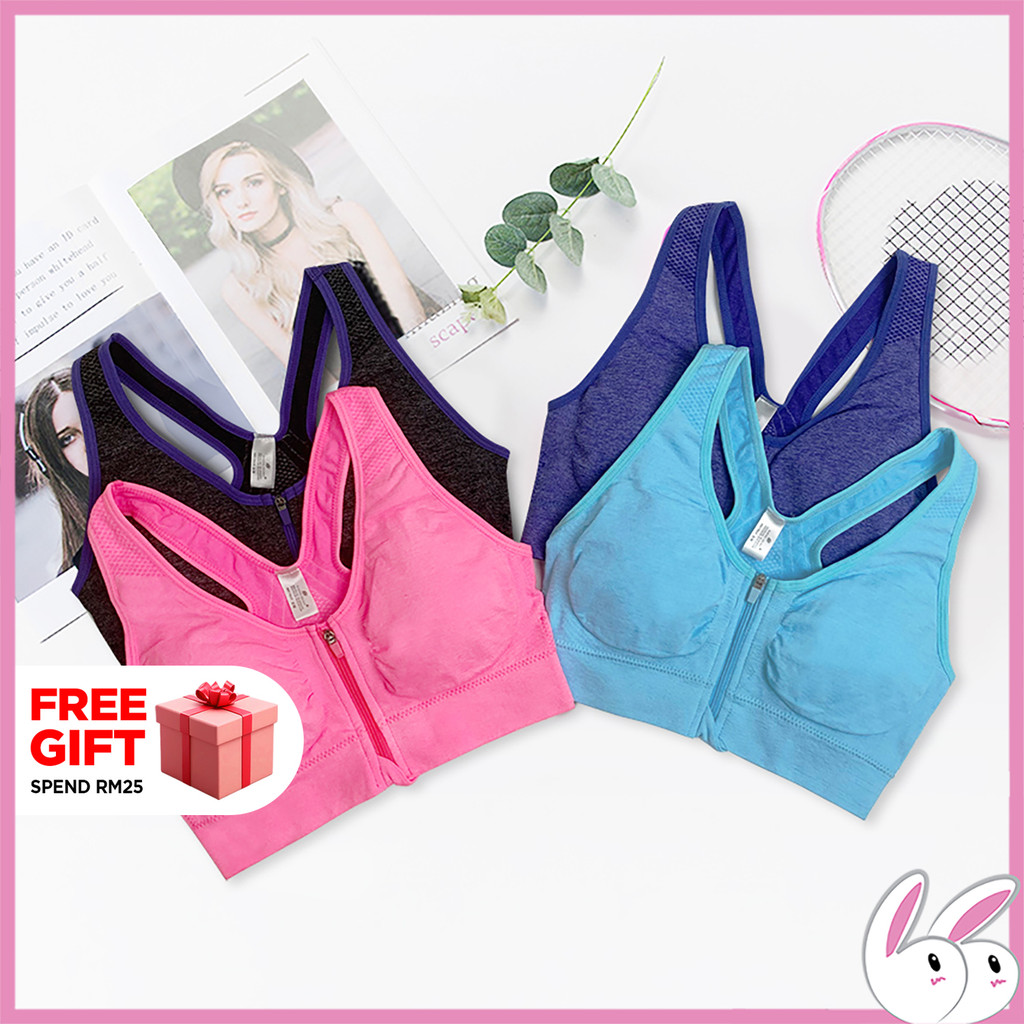 สปอร์ตบราซิปหน้า ไร้สาย Genie Yoga Bra พร้อมแผ่นถอดได้ Bra Sukan Zip Depan Bra Yoga Genie