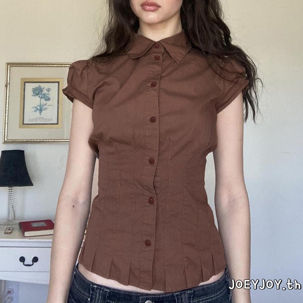 Joeyjoy-เสื้อเชิ้ตแขนสั้นผู้หญิงกระดุมจีบเสื้อแฟชั่นเสื้อบางฤดูร้อน
