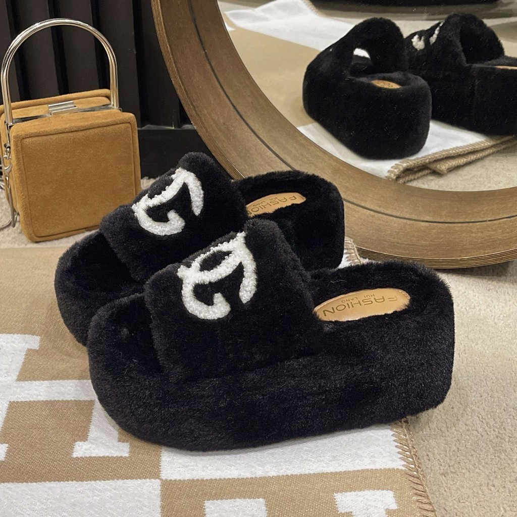Furry รองเท้าแตะผู้หญิงรองเท้าแตะสไตล์ใหม่หนา Soled ฤดูใบไม้ร่วงฤดูหนาวทั้งหมด @