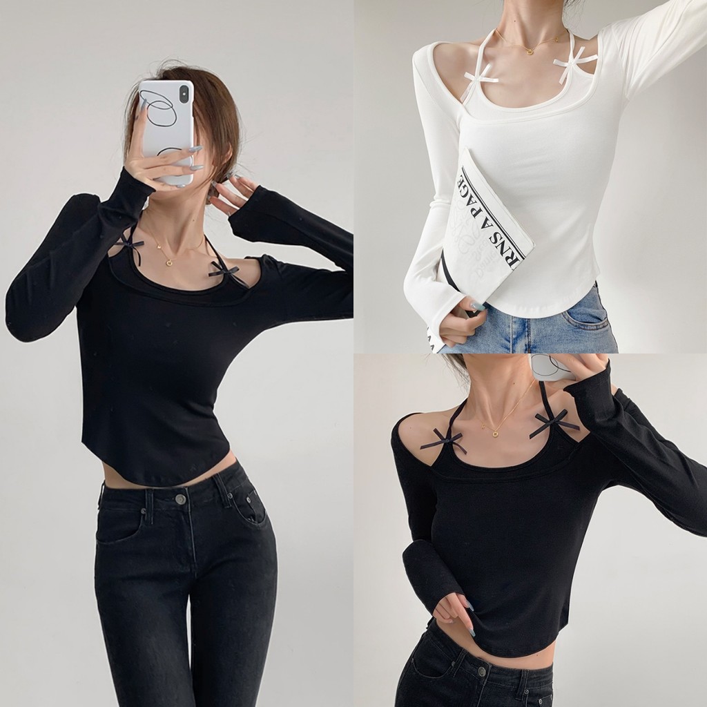 Luna Shop เสื้อยืดแขนยาวสองชิ้นปลอมผูกเชือกผูกโบว์เสื้อผู้หญิงใส่แล้วดูผอมเข้ารูปแมทช์ลุคง่าย