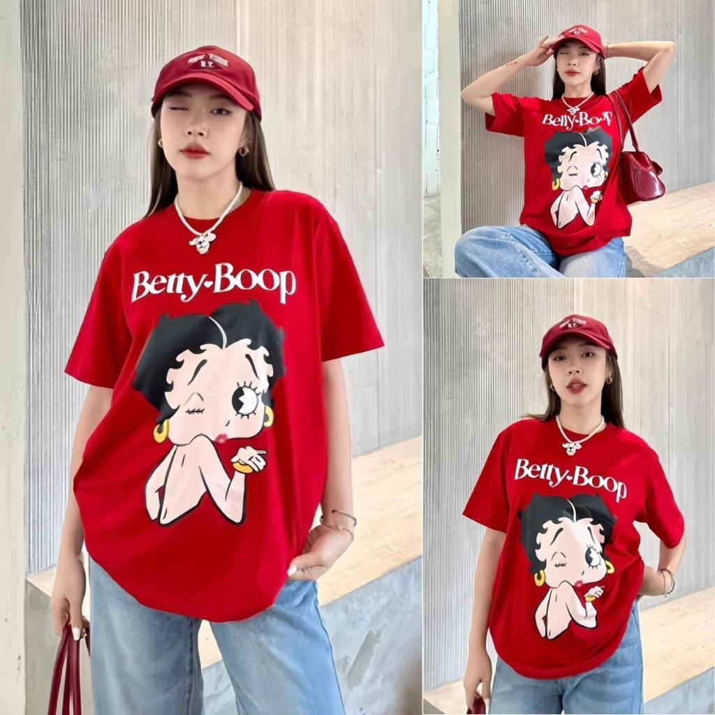 [hot sale] งานป้าย เสื้อยืดสีแดง ลาย BETTY BOOP ใช้ผ้าคอตตอน อย่างดี งานนำเข้าเกาหลี S-5XL