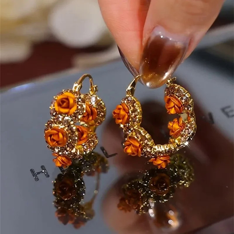 Exquisite Brown Flower Inlaid Zircon Earrings for Women Personalized Daily Accessories Party Jewelry