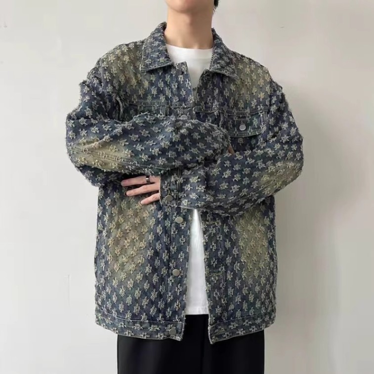 ในสต็อกเสื้อยีนส์ล้างเสื้อแจ็คเก็ตวินเทจหลวมและหล่อ