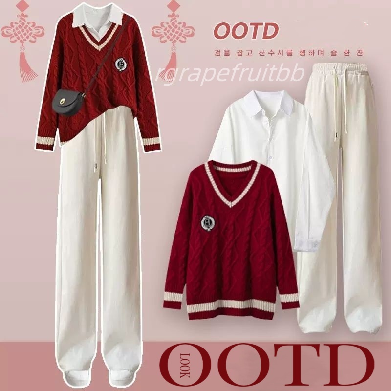 Newชุดเซท3ชิ้น คลาสสิค เสื้อกันหนาวบิด+เสื้อ+กางเกงทรงตรง สีหวาน น่ารักมากก แฟชั่นสไตล์เกาหลี ใส่สวยดูแพงทันทีคริสต์มาส