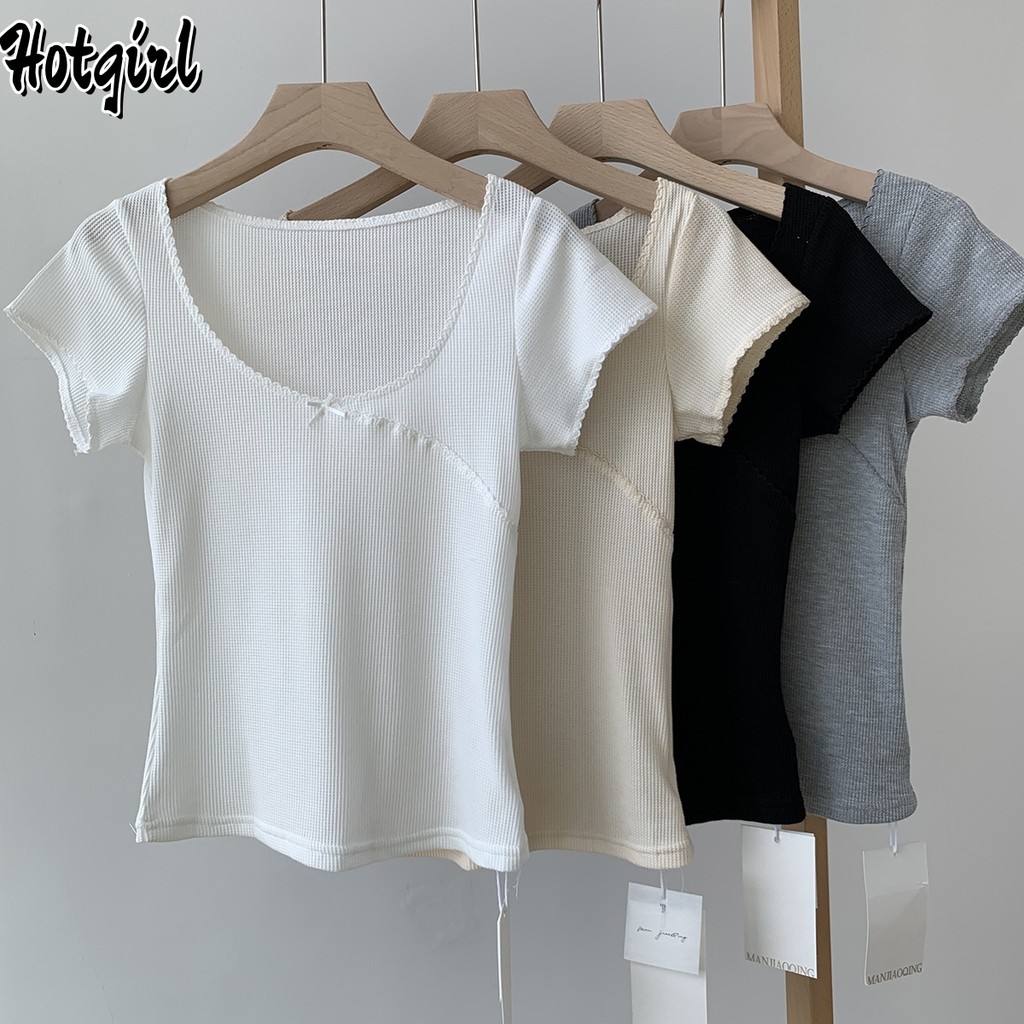 Hotgirl พร้อมส่ง เสื้อครอป y2k เสื้อยืดแขนสั้นผู้หญิง ดีไซน์เก๋ไก้และเซ็กซี่ ผ้าวาฟเฟิล แต่งโบว์ สไตล์เกาหลี