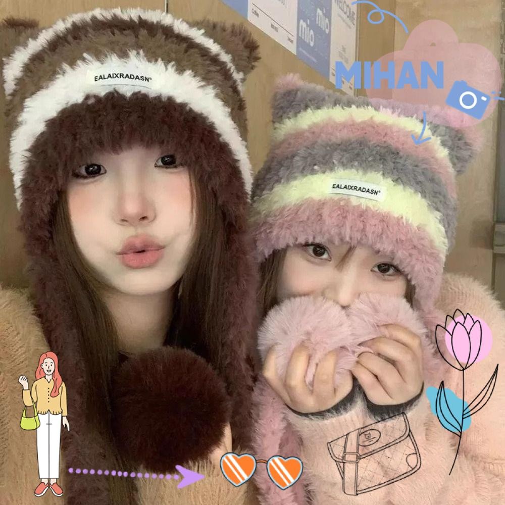 Mh ผู้หญิงถักหมวก, Contrast Stripe Windproof ฤดูหนาว Beanies หมวก,หนาอบอุ่นป้องกันหูแมวหมวกเสื้อสวมหัว