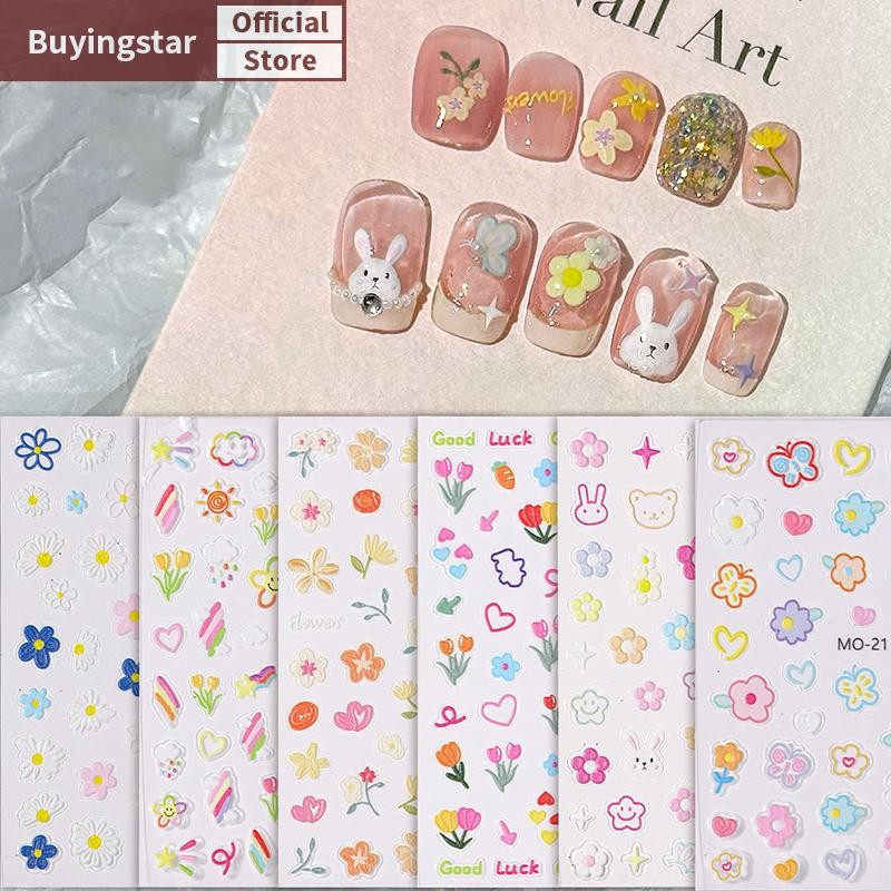 Zcx 5d ดอกไม้การ์ตูนสติกเกอร์เล็บ Self-Adhesive Diy น่ารัก 5d บรรเทาดอกไม้กระต่ายรูปแบบเล็บ Slider สติกเกอร์ตกแต่ง VO