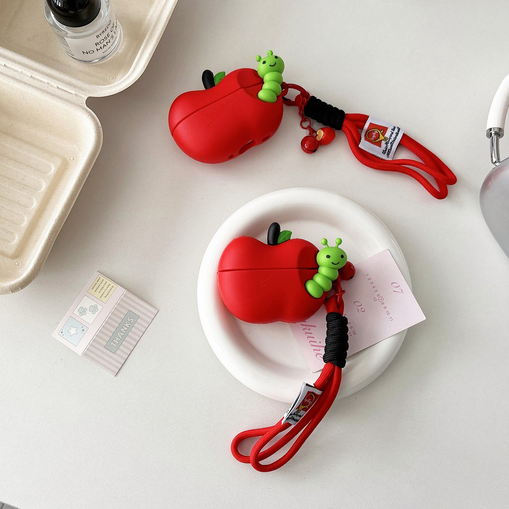 สําหรับ AirPods 4 กรณีน่ารักการ์ตูนหนอนสีแดง apple พร้อมโซ่ AirPods 1/2 AirPods pro 2 3 หูฟังไร้สายบลูทูธกรณีป้องกันกรณี