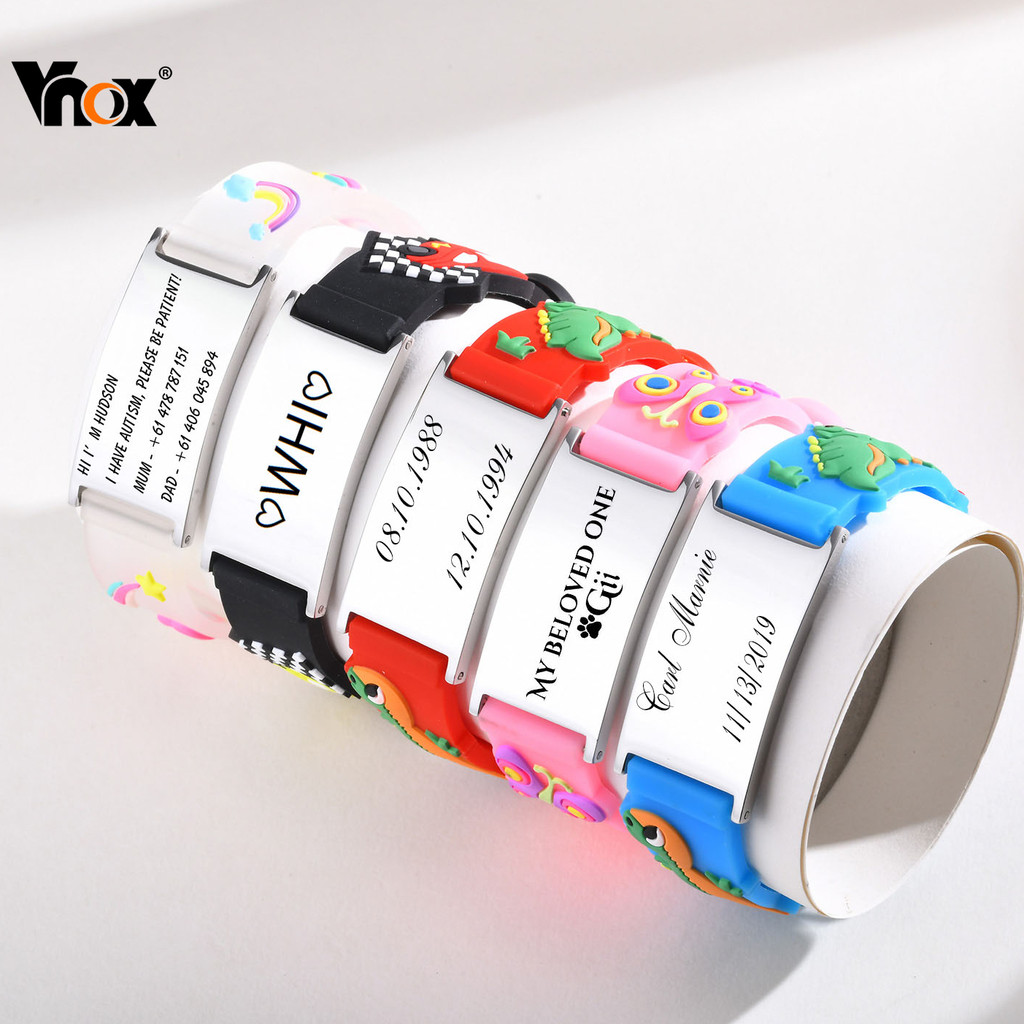 VNOX วีน็อกซ์ เด็กความปลอดภัยซิลิโคนส่วนบุคคลสร้อยข้อมือ,ชื่อ รหัส ข้อมือปรับสร้อยข้อมือสําหรับของขวัญเด็ก,ฟรีปรับแต่งถ้