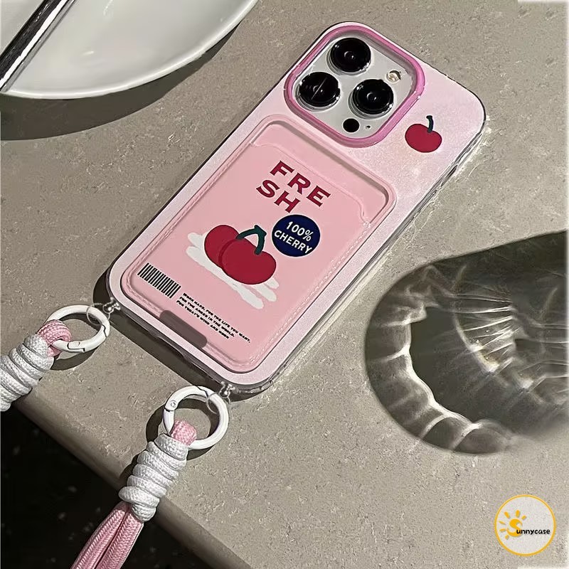เคสแบบนุ่มพร้อมเชือกคล้องใส่บัตรรูปเชอร์รี่สุดน่ารัก เข้ากันได้กับ IPhone 7 16 Plus XR 15 14 13 12 11 16 Pro Max XS Max