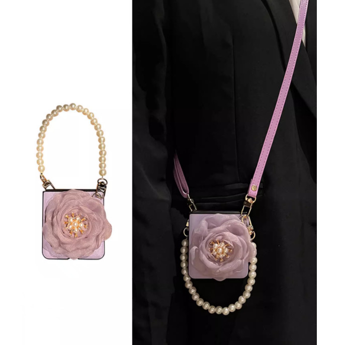Luken แฟชั่นเกาหลีลูกไม้ดอกไม้ Pearl Crossbody Chain หนังสําหรับ OPPO ค้นหา N3 Flip Case สําหรับ Sam