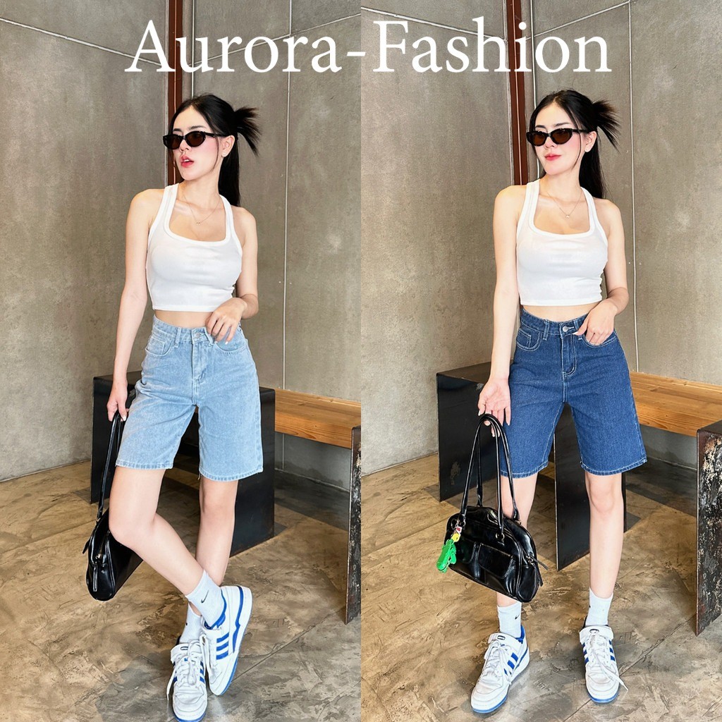 Aurora พร้อมส่ง กางเกงยีนส์ทรงกระบอกสามส่วน เอวสูง เก็บทรงสวย สไตล์วินเทจ ขาสั้น แนวสตรีท สุดฮิตวัยรุ่นมากๆ N8001