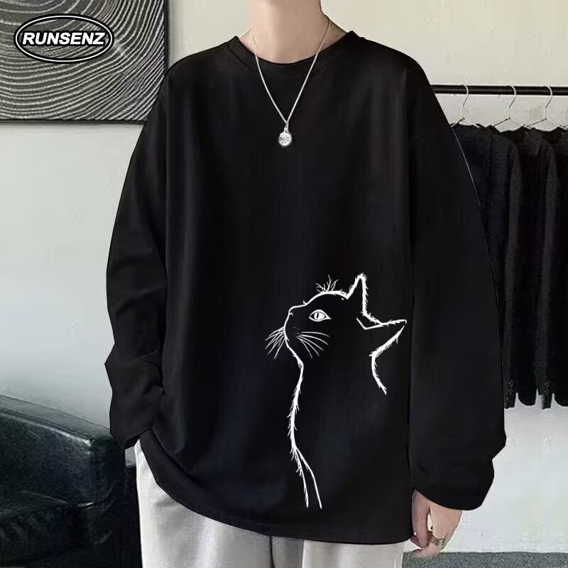 M-8xl เวอร์ชั่นเกาหลีแขนยาวผู้ชายขนาดบวกเสื้อยืดลําลองคอกลมหลวม Oversize Tee
