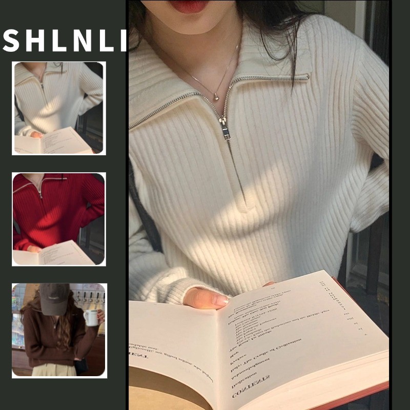 ฤดูใบไม้ร่วงฤดูหนาวซิปแขนยาวถักเสื้อกันหนาวผู้หญิงลําลองหลวมปกปกด้านบน