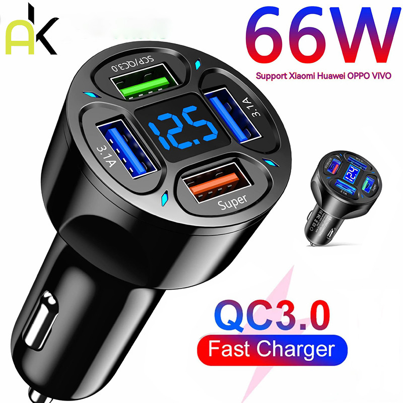 AK 12V-24V หัวชาร์จในรถ ชาร์จเร็ว 5 in 1 พร้อมจอแสดงผลดิจิตอล บลูทูธรถยนต์ ที่จุดบุหรี่ในรถยนต์ ที่ชาร์จแบตในรถย