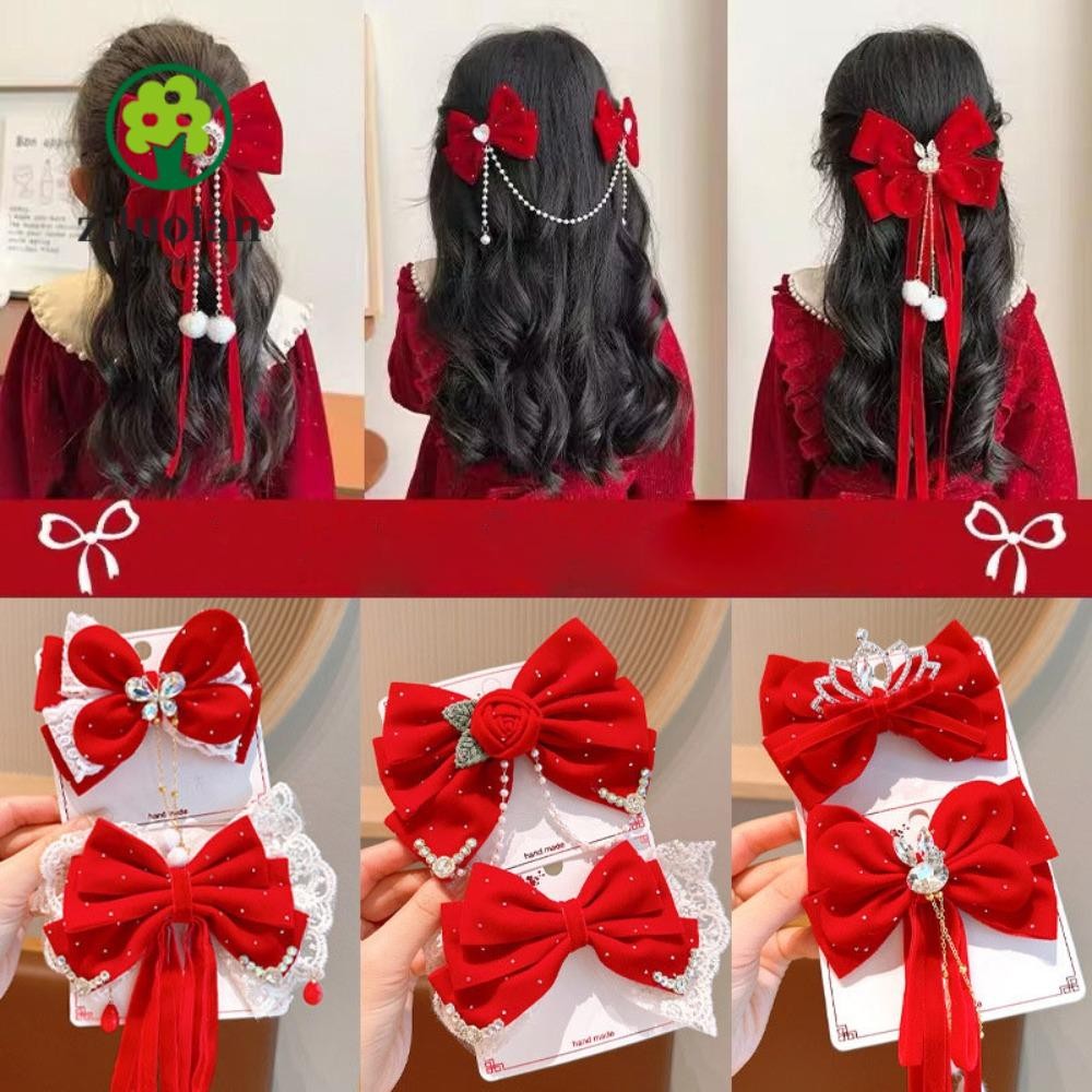 ซิลูโอแลน กิ๊บโบว์สีแดง,กิ๊บติดผมริบบิ้นสวมศีรษะสไตล์จีน,ปีกํามะหยี่สีแดงเงากิ๊บกํามะหยี่สาว