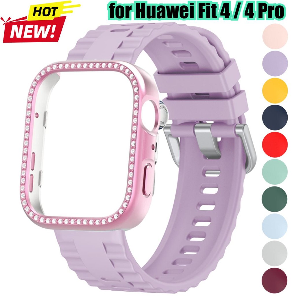 สายซิลิโคน + เพชรสําหรับ Huawei Watch Fit 4/4 Pro สร้อยข้อมือกีฬาสําหรับ Huawei Fit 4 Pro หน้าจอฝาครอบป้องกันอุปกรณ์เสริม