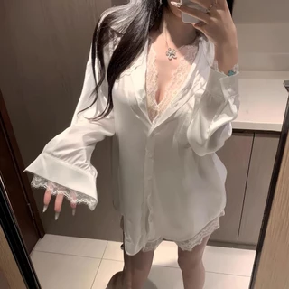 Sexy Girl 🤍🤍 ชุดนอนไซส์ใหญ่ เนื้อสัมผัสแบบผ้าไหมน้ำแข็ง เรียบง่ายในสีทึบ หลวมและสบาย แฟชั่นเซ็กซี่ ชุดนอนsexy