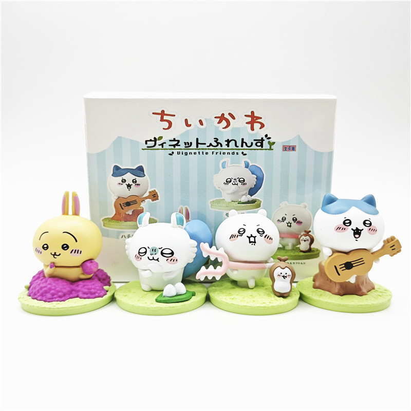 4 ชิ้น/เซ็ต 3-4 ซม.Chikawa อะนิเมะรูปเล่นกีตาร์ Hachiware Usagi Kawaii Good Friends Series รุ่น Q PVC Action Figures ตุ๊กตาของเล่น