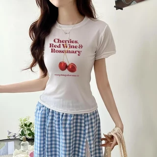 G01-10 เสื้อยืดสีดำ แขนสั้นพิมพ์ลายเชอรี่ สุดน่ารัก แนวเกาหลี หลายไซส์ ผ้านิ่มสวมใส่สบาย ใส่ได้ทุกโอกาส ราคาถูก