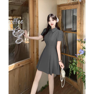 【S-5XL】 มินิเดรส คอปกเชิ้ต โปโล แขนสั้นพัฟ กระดุมหน้า กระโปรงทรงเอ สไตล์หวานสุภาพ ลุคนักเรียนเกาหลี