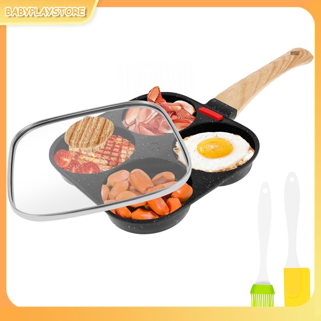 กระทะไข่ 4 หลุมกระทะไข่เจียวกันลื่นพร้อมแปรงน้ํามันและฝาปิดอาหารเช้า Skillet SHOPQJC3339