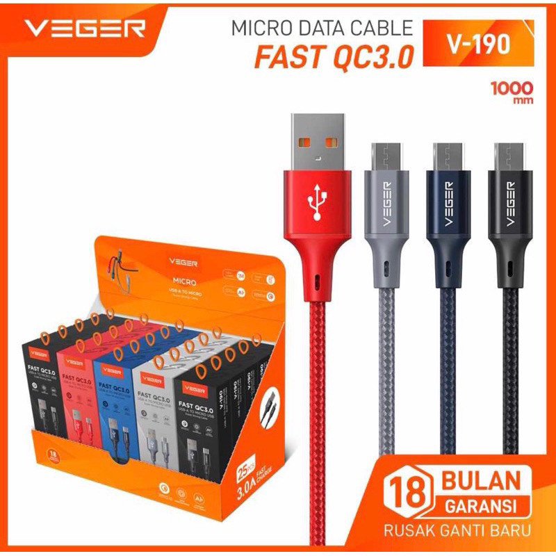 VEGER V190 MICRO, V200 TYPE C, V210 LIGHTNING 3A สายเคเบิลข้อมูลชาร์จเร็ว ORIGINAL OFFICIAL รับประกั