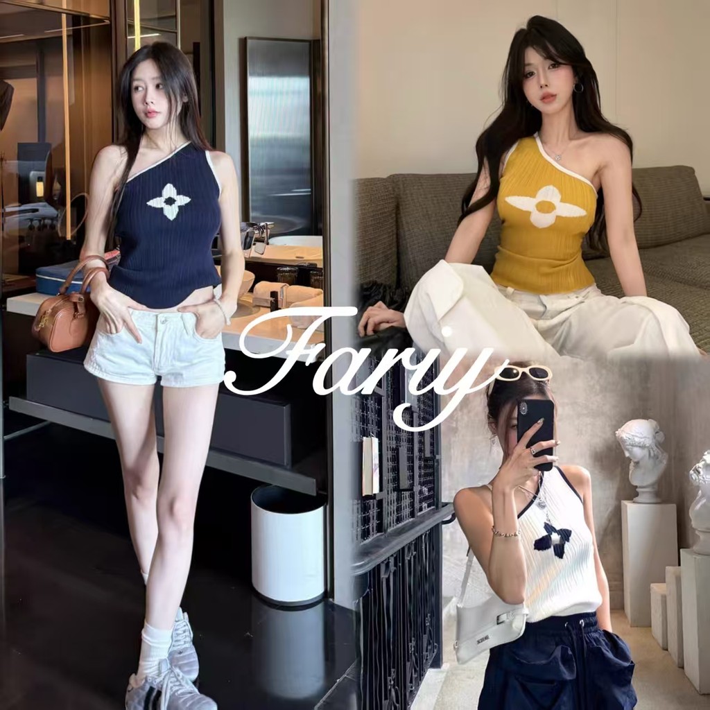Fariy🍒คลังสินค้าพร้อม🍒 เสื้อกั๊กไหมพรมแขนกุดรัดรูปเปิดไหล่สำหรับผู้หญิงในฤดูร้อน