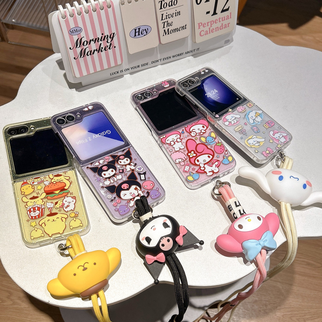 SANRIO Flip7 Samsung Galaxy Z Flip7 DropกาวGlitterกรณีน่ารักการ์ตูนSanrioพร้อมโซ่ยาวกรณีSamsung Galaxy Z Flip 5 Flip 6 5G Hardกันกระแทกโทรศัพท์ความคิดสร้างสรรค์กรณีปก