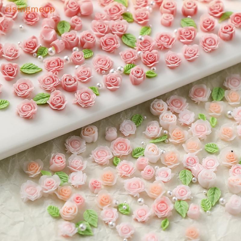 [risingmeup] 50 ชิ้น 3D ขนาด 6/7/8 มม.ดอกไม้เรซิ่นมุก Rose Nail Charms อุปกรณ์เสริมสีชมพู Rose Red Nail Art Luxury Decoratons อุปกรณ์ DIY ใหม่