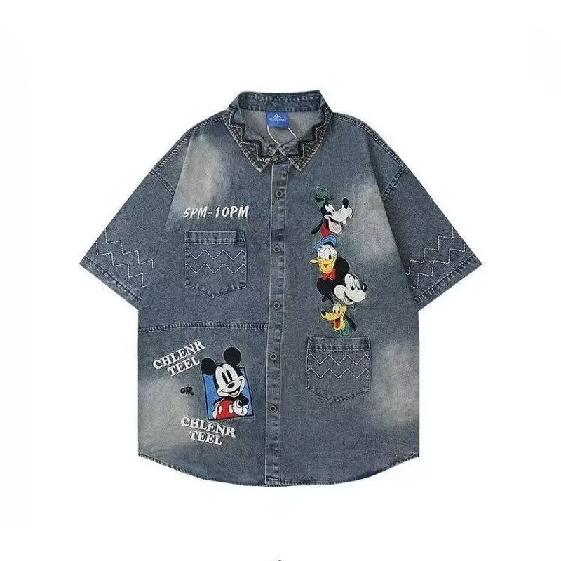 เสื้อเชิ้ตยีนส์ปักลายการ์ตูนวินเทจ เหมาะสำหรับทั้งชายและหญิง เหมาะสำหรับฤดูร้อน