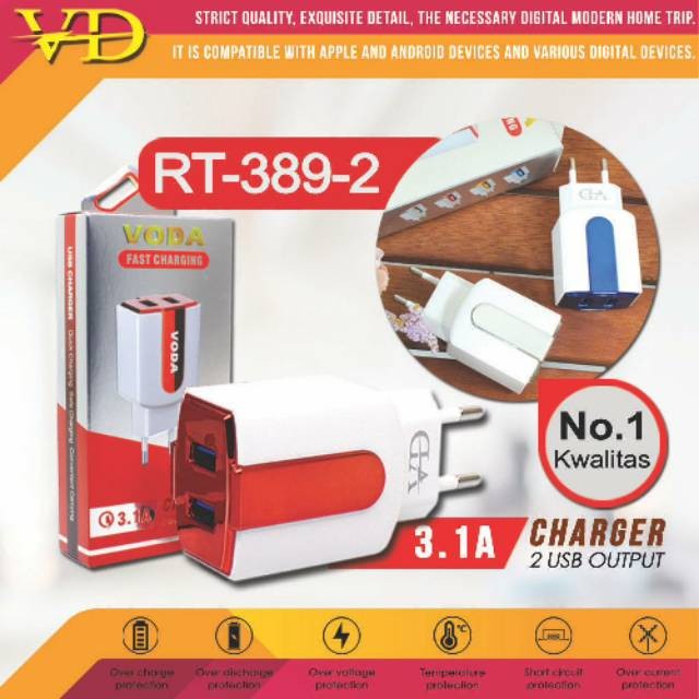 FCH WHOLESALE TC VODA RT389 อะแดปเตอร์/Batok 3.1A 2USB Plus 1 เมตร สาย Voda