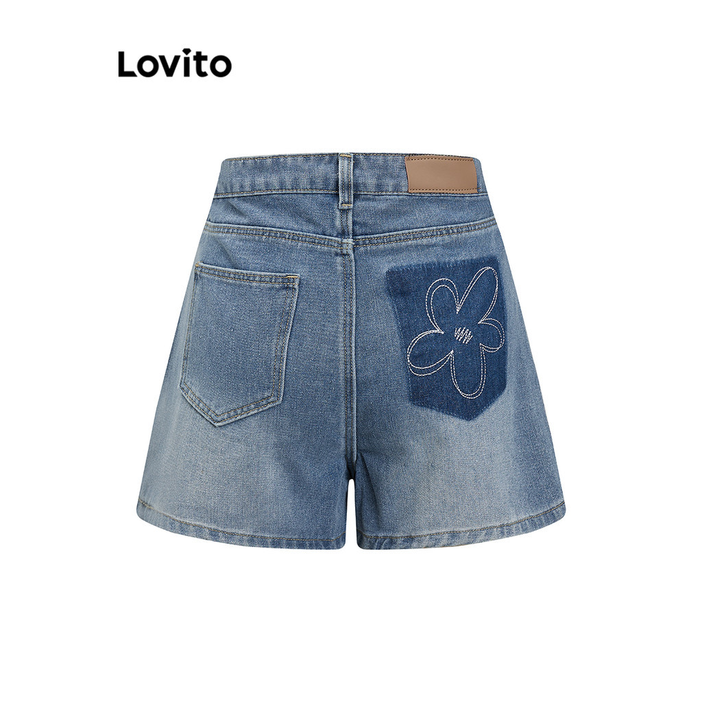 (Trendy) Lovito กางเกงขาสั้นเดนิมลําลอง กางเกงขาสั้นผ้าเดนิมปุ่มธรรมดาสําหรับผู้หญิง L82AD168 (หลากส