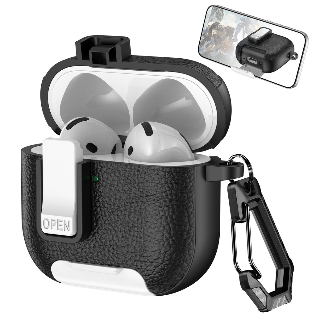 2025 ใหม่หนังความปลอดภัยล็อคหูฟังสําหรับ แอร์พอด 4 3 2 1 กรณีสําหรับ แอร์พอด มือโปร 3 2 พร้อมขาตั้งโทรศัพท์ที่วาง