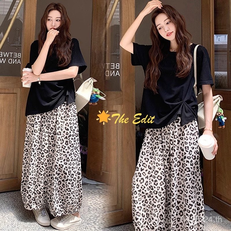 พร้อมส่ง กางเกงขายาวลายเสือดาวทรงหลวม สบายและระบายอากาศดีสำหรับฤดูร้อน