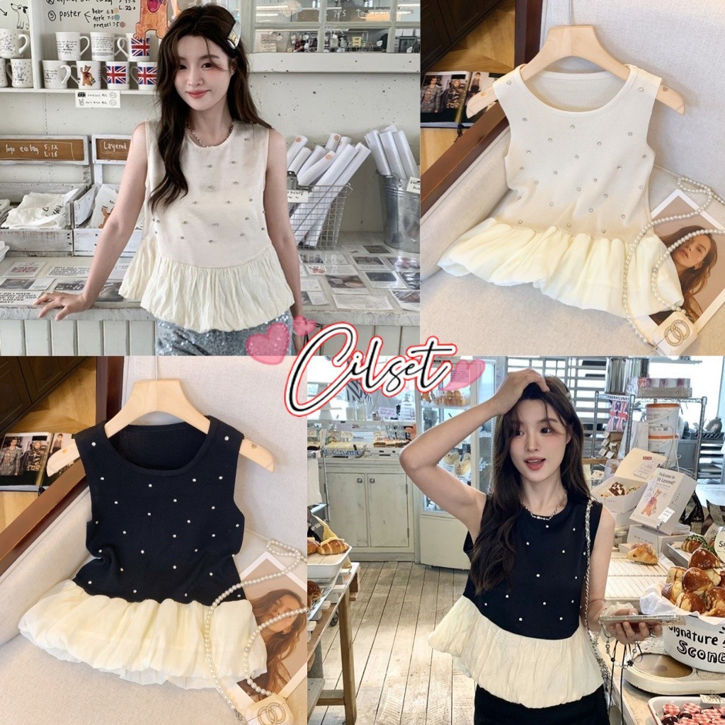 Cilset🛒พร้อมส่ง🎀เสื้อผ้าผู้หญิง เสื้อกล้ามไหมพรม คอกลม แขนกุด สไตล์ฝรั่งเศส น่ารักดีเทลแต่งปลายสีครีม ดีไซน์หลวม/R27-1