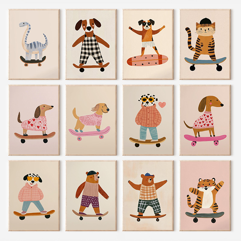 (พร้อมกรอบ) ตลกขี้เล่นสัตว์สเก็ตบอร์ดการ์ตูนโปสเตอร์พิมพ์ผ้าใบภาพผนังศิลปะ