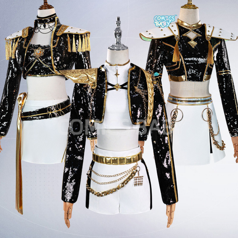 KPop Demon Hunters Zoey Rumi cosplay Costume wig สไตล์สองมิติ Black Gold Halloween Uniform黑金