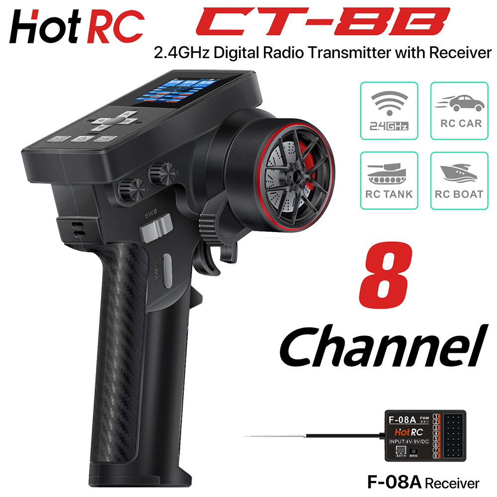 ใหม่ HotRC CT-8B 8CH วิทยุเครื่องส่งสัญญาณ 2.4GHz พร้อม F-08A Receiver สําหรับ RC รถเรือหุ่นยนต์