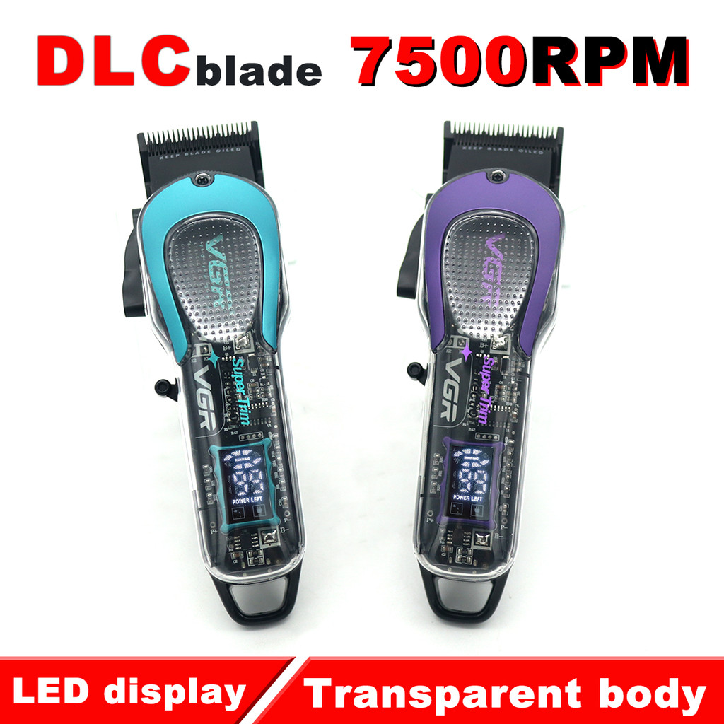 VGR V692 ปัตตาเลี่ยนตัดผมผู้ชาย DLC Fade Blade จอแสดงผล LED อินเทอร์เฟซ USB ไร้สายโปร่งใสเครื่องตัดผ