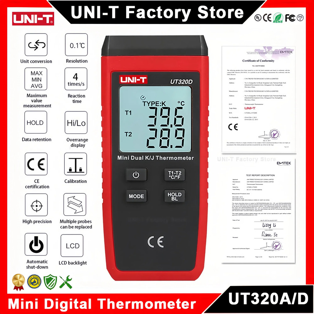 UNI-T UT320A UT320D เทอร์โมมิเตอร์ดิจิตอล Mini Dual K/J ประเภท Thermocouple เทอร์โมมิเตอร์ -50℃ เหลื