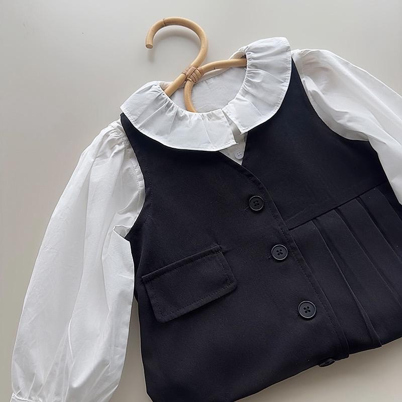 Hania kids – เสื้อเชิ้ตแขนยาวคอระบาย & เดรสเอี๊ยมกระโปรงจีบสุดน่ารัก (กดแยกชิ้นนะครับ) Y3134396+Y3134397