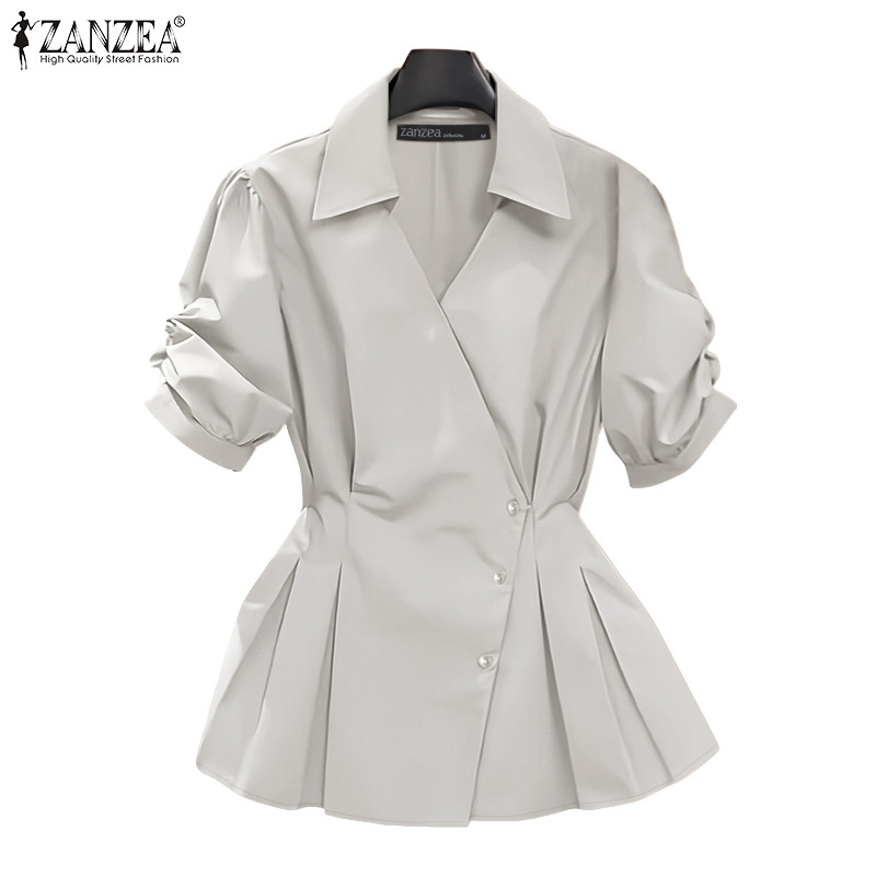 ZANZEA เสื้อเชิ้ตแขนสั้นสไตล์เกาหลี สำหรับผู้หญิง แบบคอวีติดกระดุม