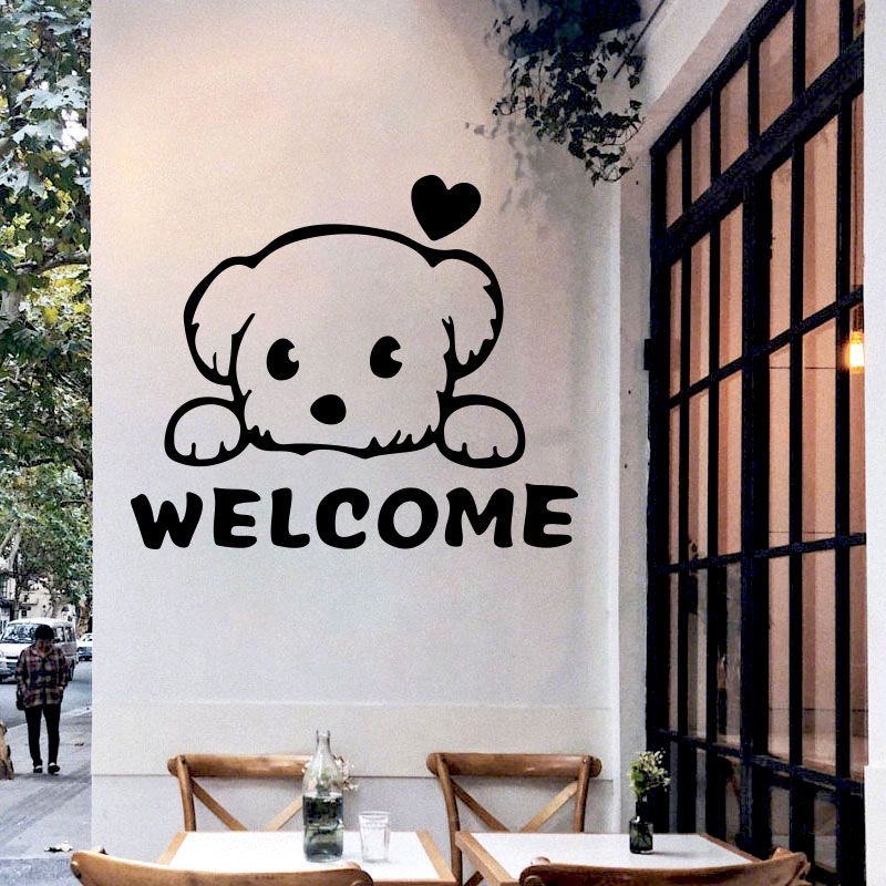 สติกเกอร์หน้าต่างกระจกสุนัขน่ารักร้านกาแฟชานมเสื้อผ้าสตรีร้านขายสัตว์เลี้ยงตกแต่งผนังเค้าโครงพื้นหลังสติกเกอร์ติดผนัง