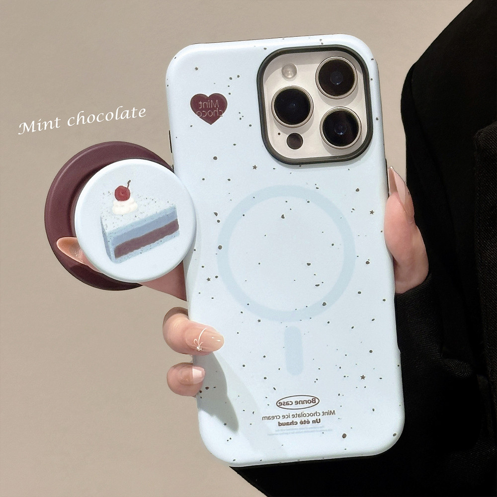 Ins Mint Cherry Cake ขาตั้งแม่เหล็กพับได้ที่วางโทรศัพท์สําหรับIPhone 16 Pro Max 16 Plus 16 15 14 13 12 11 12 Mini 13 Mini Scratch Resistance Hard PC Matteปกหลัง