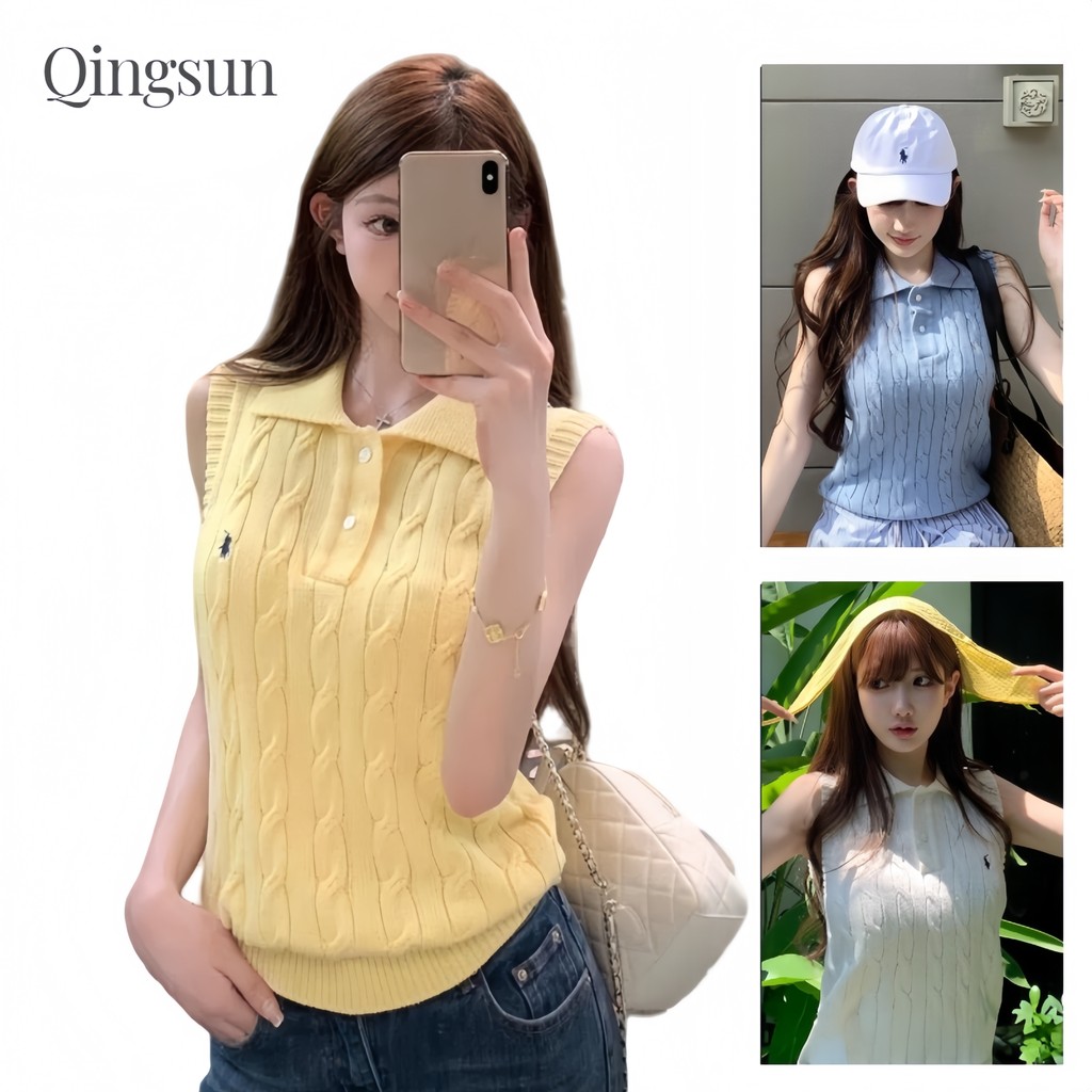เสื้อแฟชั่น ผ้าถัก เสื้อกล้ามไหมพรม คอปก สไตล์เกาหลี สีพาสเทลใส่ง่าย "W-J074"🌻Qingsun
