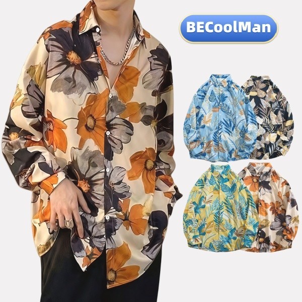 💥BECoolMan💥 เสื้อฮาวายผู้ชาย  พิมพ์ลาย  สไตล์ฮ่องกง  ชุดคู่รัก  กันแดด
