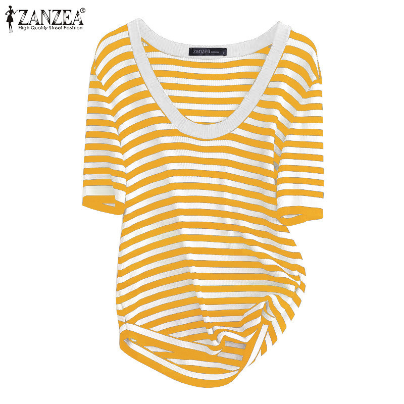 ZANZEA ใส่ ซานเซีย ผู้หญิงเกาหลีลําลองคอยูแขนสั้นลายหลวมเสื้อยืด