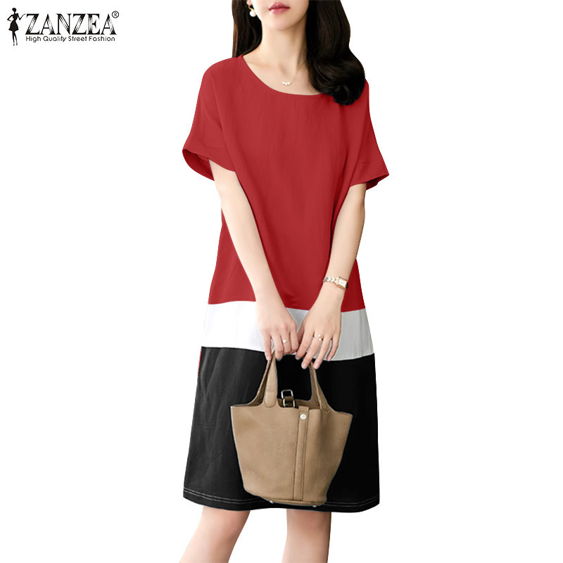 ZANZEA ใส่ ซานเซีย ผู้หญิงแฟชั่นเกาหลี โอ-คอเข่าความยาวแขนสั้นชุดหลวม
